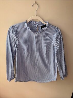 J. Crew Blue and White Striped Ruffle-Neck Top